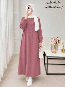 Solid Color Round Neck Half-Button Front Long Dress, Casual Elegant All-Season Dress Fall - Dusty Pink - View 2