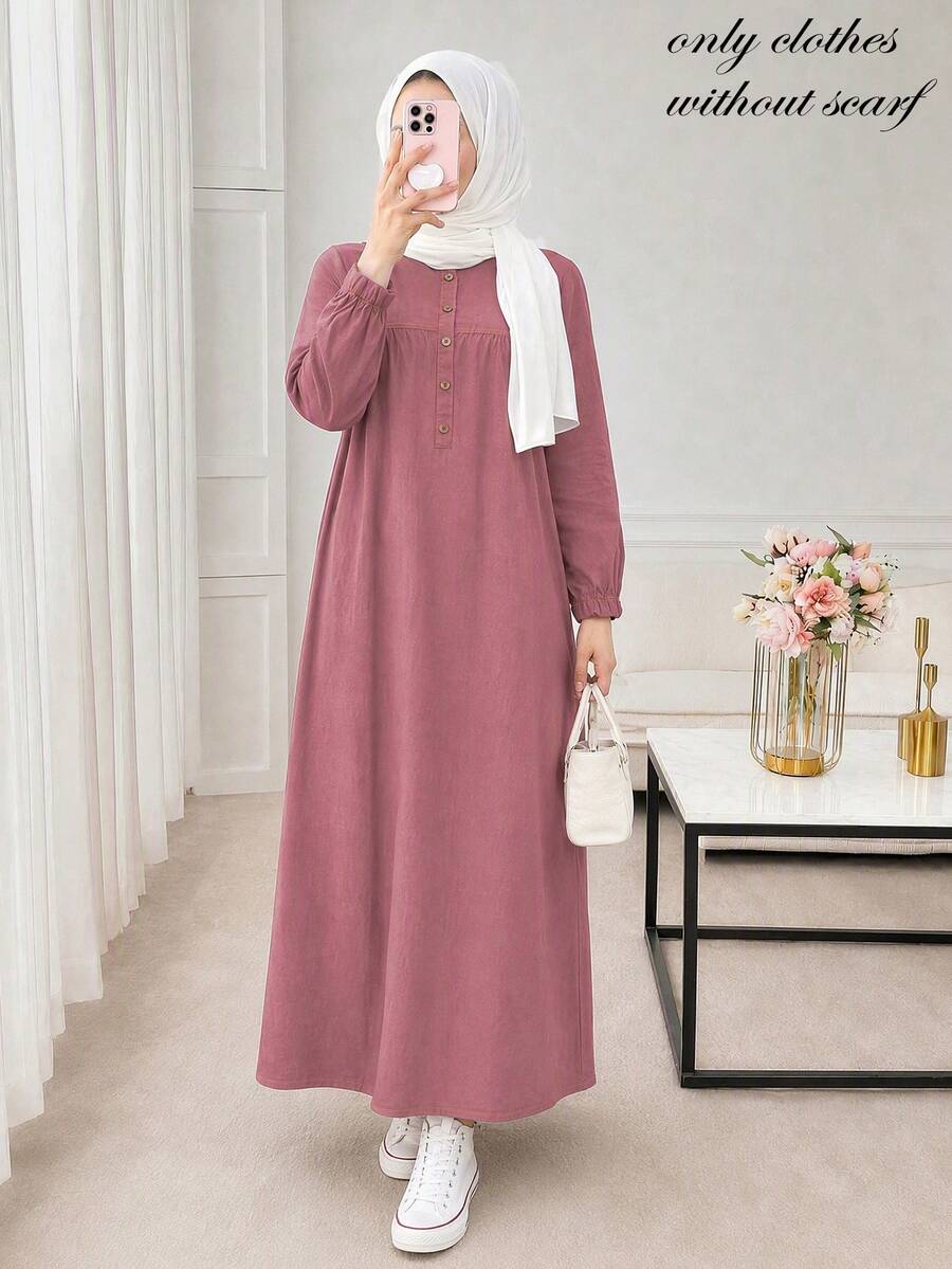 Solid Color Round Neck Half-Button Front Long Dress, Casual Elegant All-Season Dress Fall