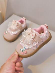 Girls Style First Walker Shoes, Lace Mesh Large Bow Soft Sole Hook And Loop Baby Shoes - Pink - View 1