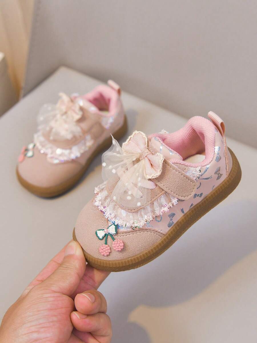 Girls Style First Walker Shoes, Lace Mesh Large Bow Soft Sole Hook And Loop Baby Shoes - Pink - View 1