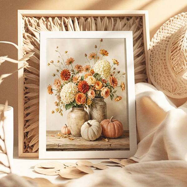 1pc Frameless Vintage Autumn Floral Pumpkin Wall Art Print Canvas Decorative Painting - Warm Tone Country Farmhouse Style Still Life Poster For Living Room, Dining Room, Entryway, Thanksgiving Holiday Decoration Gift