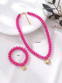 2pcs Fashionable Cute Youthful Aesthetic Rose Red Beaded Heart Pendant Necklace & Star Charm Elastic Bracelet Jewelry Set, Suitable For Girls Daily Wear And Party Holiday Accessories Set - Hot Pink - View 5
