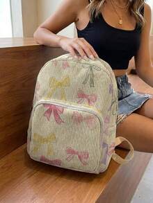 1 Piece Backpack, Women's Mini Backpack, Corduroy Girl School Bag, Travel Storage Bag, Bow Printed Design, Large‑Capacity Foldable Easy‑To‑Store Bag, Lightweight & Pressure‑Relieving, Multi‑Pocket Layered Design With Zipper Closure - Bow 22471 - View 4