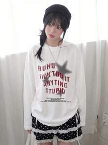 Kaos Lengan Panjang Wanita Model Longgar Motif Kartun untuk Musim Semi/Gugur, Serbaguna dan Kasual - Putih - View 4