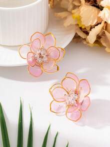 1 Pair Elegant Romantic Soft Style Translucent Pink Flower Stud Earrings For Women, Suitable For Summer Vacation And Daily Wear - Pink - View 2