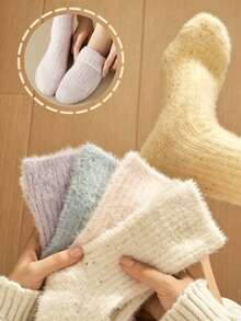 5 Pairs Thickened Polka Dot Mesh Socks, Autumn/Winter Warm Home Floor Loose-Top Mid-Calf Maternity Socks - Multicolor - View 3