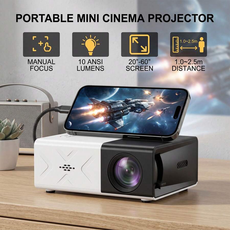 Mini Portable Projector, Black & White HD Wireless Projector, Ultra Quiet Plug And Play Video Projector, Wireless Screen Casting Compatible With Phone Computer, Home Theater Office Portable Projection Device - Black and White - View 1