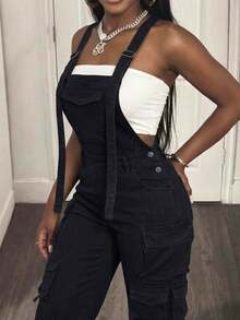 Women's Sleeveless Black Washed Denim Jumpsuit, Long Casual Elegant, Suitable For All Seasons, Non-Stretch - Black - View 2