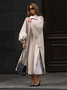 Women's Solid Color Lantern Sleeve Loose Button Pocket Trench Coat Jacket - Apricot - View 5