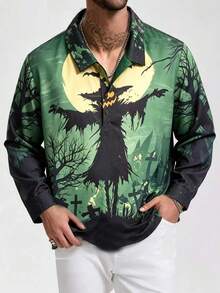 1pc Men's Textured Print Single-Breasted Pullover Long Sleeve Shirt, Handsome Versatile Polo Shirt, Casual Commute Top, Elegant Holiday Party Evening Wear, Perfect Gift For Father, Boyfriend, Dad, Friend, Halloween - Dark Green - View 8