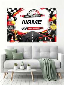 Customizable Name Cool Racing Championship Winner Happy Birthday Banner Black & White Checkered Flag Balloon Tire Oil Drum Trophy Design, Suitable For Racing Car Birthday Party, Wall Decoration, Photo Backdrop, Vinyl Banner Prop - Black - View 6
