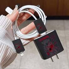 4pcs 2D Flat Design Spider Web Pattern Phone Charger Protector Set, Charger Head Cover + Cable Protector + Storage Rope, Compatible With IPhone 20W/18W Charger - Multicolor - View 4