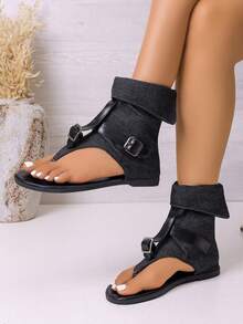 Women's Foldable Ankle Strap Sandals, Flat Sole, Easy To Wear, Everyday Footwear - Black - View 2
