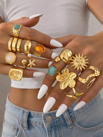 Juego de 13/6 anillos de banda ancha con patrón geométrico irregular colorido, estilo minimalista elegante y lujoso Old Money, para mujer, versátil para vacaciones, fiesta, cita, viaje, compras, playa y uso diario, nueva combinación