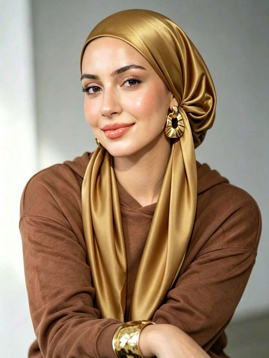 1PC Women's Solid Color Satin Elastic Headscarf Instant Hijab, New Satin Easy-To-Wear Headscarf, High-End Draping With Glossy Finish, Fashionable Versatile Slouchy Headscarf Hijab Scarf, Convenient To Wear Casual Versatile Suitable For Daily Use - Multi-color Satin Elastic Headband - View 1