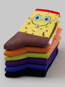 SpongeBob SquarePants 1/3/5/8/10雙隨機款 SquarePants 卡通中筒襪，適合街頭風與休閒穿搭，可愛校服與日常穿著 - 彩色 - 查看 4