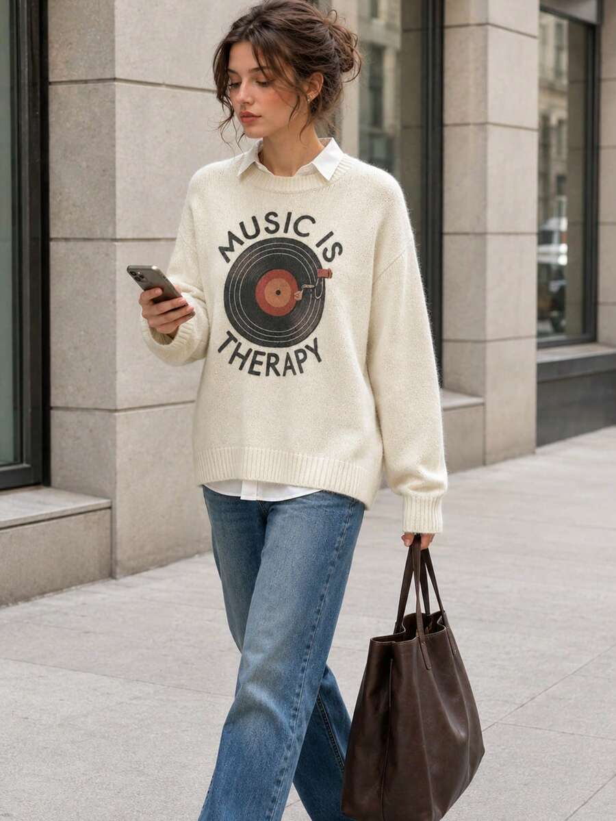 女款羅紋針織套頭毛衣,印有「Music Is Healing」唱片圖案,標準版型,適合秋冬穿著 - 杏色 - 查看 1