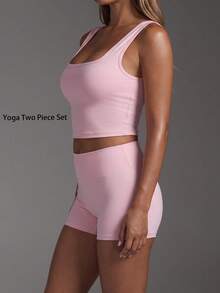 Women's Casual Backless Removable Padding Sport 2-Piece Set,U-Shaped Neck Solid Color Tank Tops,Skinny Basic High Waist Legging Shorts,For Yoga,Daily - Pink - View 7