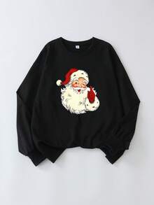 Christmas "Santa Claus Blowing Bubbles" Print Crew Neck Sweatshirt, Plus Size Women's Casual Autumn/Winter Long Sleeve Sweatshirt, Suitable For Winter Holiday, Beach, Vacation, Autumn, Halloween, Christmas, New Year. Suitable For Daily Wear, Going Out Top, Outings, Holidays, Beach, Parties, Birthdays, School, Vacation, Commuting, Fitness, Weddings, New Year, Fashion, Winter Top, Women's Autumn, Women's Holiday - Black - View 5