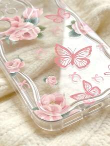 Creamy Dopamine Wave Ruffle Soft TPU Texture, Cream White Wave Edge Phone Case, Beautiful Playful Floral Phone Case Pink Rose Bow Print Black Background Transparent Wave-Shaped Curved Edge Soft TPU Shockproof Protective Phone Case, Compatible With Apple 11/12/13/14/15/16/17/18 Galaxy S21 S22 S23 S24 S25 S26/Honor/ And Other Models - Clear - View 2