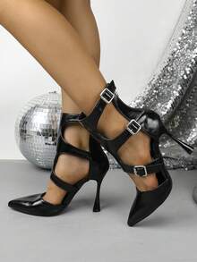 Women's Pointed Toe Black Hollow Out High Heel Ankle Boots, Multi-Buckle Lace-Up Backless High Heel Boots, Party Dress Boots - Black - View 5