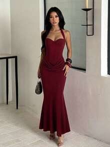 Women's Solid Color Elegant Cinched Waist Halter Neck Tie Party Dress - Burgundy - View 3