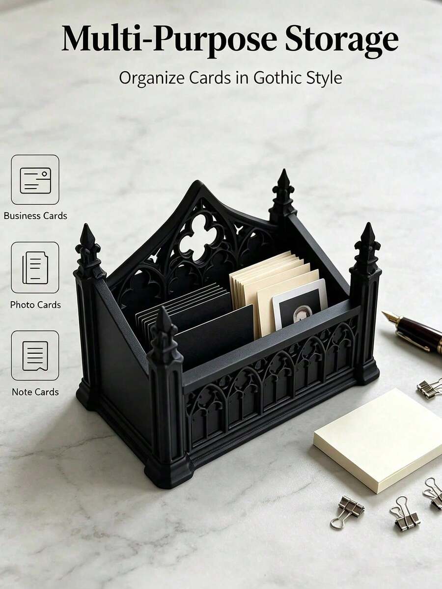 Gothic Cathedral Style Business Card Holder, Desktop Organizer Box, Home Decor, Multi-Functional Storage Tray, Suitable For Storing Notes/Small Cards/Photos/Dried Flower Gifts/Office Desk Storage/Bills/Housewarming, Halloween, Christmas Gifts - Multicolor - View 1