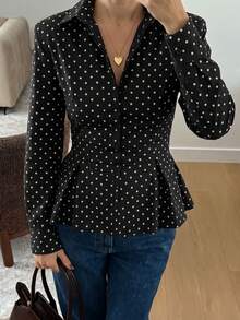 Unadoll Women's Autumn Black Polka Dot Ruffle Trim Blouse, Elegant Long Sleeve Slim Fit Shirt, Fashionable For Commuting, Office And Back To School - Black - View 5