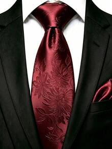 Men's Tie Set, Classic Fashion Tie & Pocket Square Set, Suitable For Weddings, Business And Banquets - Red - View 1