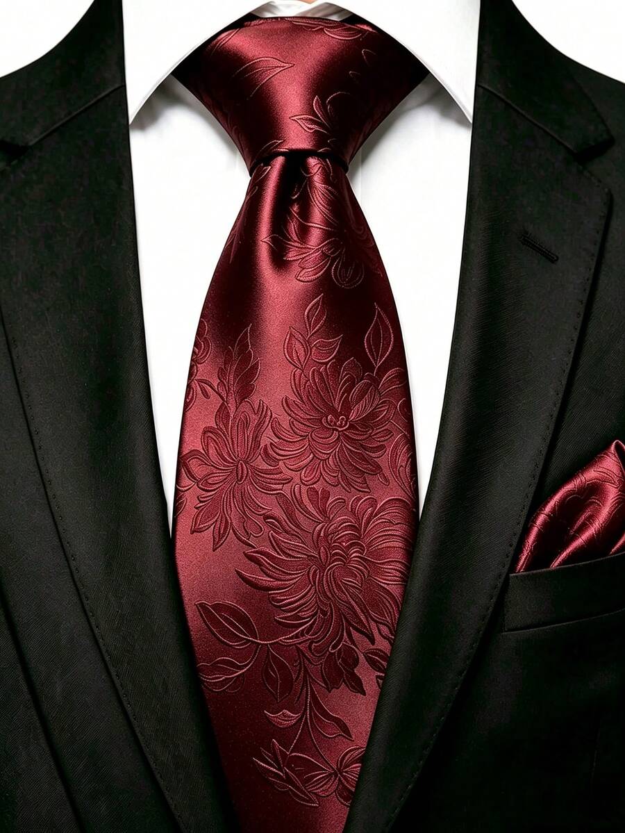 Men's Tie Set, Classic Fashion Tie & Pocket Square Set, Suitable For Weddings, Business And Banquets - Red - View 1