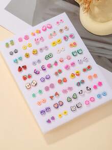36/50 Pairs Cute Colorful Polymer Clay Fruit Flower Animal Mini Stud Earrings Set, Women's Jewelry Gift, No Box (Random Color & Style) - Multicolor - View 7