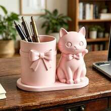1pc Cute Cat Desktop Storage Holder, Pink Bowtie Cat Shaped Pen Holder, Desk Decor And Stationery Organizer - Cat With Bow - View 5