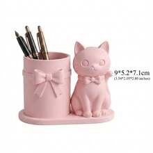1pc Cute Cat Desktop Storage Holder, Pink Bowtie Cat Shaped Pen Holder, Desk Decor And Stationery Organizer - Cat With Bow - View 7