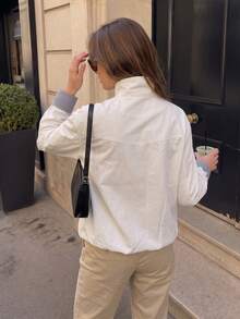1pc Women's Gentle Solid Color Stand Collar Short Jacket, Plaid Cuff Design, Suitable For Commuting, Shopping, Dating, Short Trips - White - View 5
