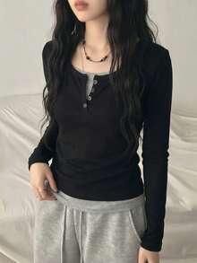 Women's 2-In-1 Patchwork Casual Versatile Long Sleeve T-Shirt, Daily Wear, Black - Black - View 2
