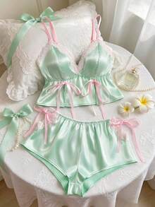 2pcs Women's Pajama Set, Adjustable Strap Deep V-Neck Top With Bow Decor, Lace Hollow Design Waist Shorts, Comfortable Loungewear - Green - View 11