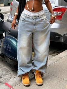 Women's Vacation Style Y2K Washed Distressed Wide Leg Jeans Casual Spring Fall - Light Wash - View 4