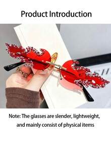 1/2/3pcs Women's Flame Shaped Rhinestone Red Rimless Glasses, European And American Style Exaggerated Personalized Fashion Glasses, Zinc Alloy Temple, Suitable For Party / Music Festival / Street Photography / Theme Event / Stage Performance Niche Eye-Catching Accessory - Multicolor - View 10