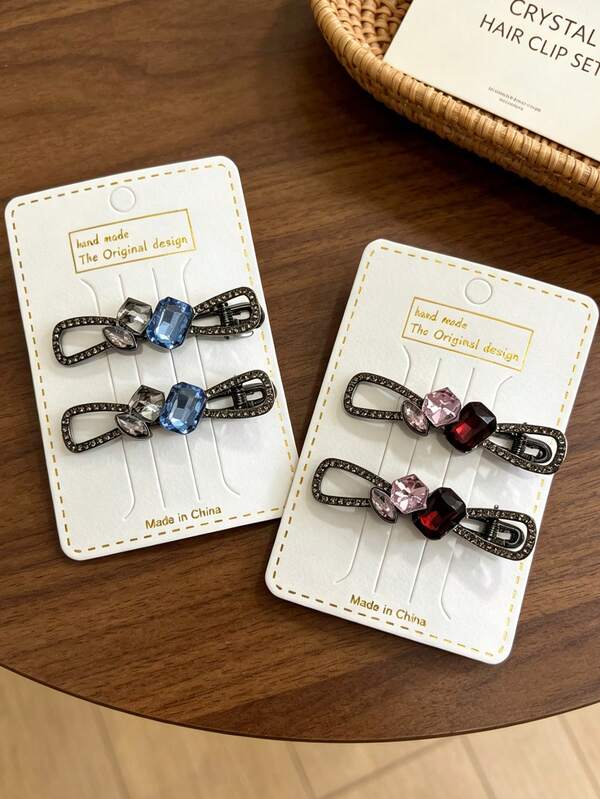 Bộ 2 kẹp tóc cao cấp phối màu tương phản đính đá rhinestone và pha lê, kẹp tóc kim loại răng cưa chống trượt phong cách vintage, phụ kiện tóc đa năng cho nữ dùng hàng ngày, tiệc tối và đám cưới