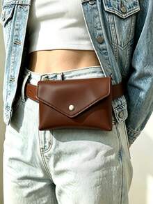 Vintage Fashion Chain Buckle Women's Leather Belt Waist Bag, Daily Outing Wallet Phone Bag, Commute Matching Niche Design Waist Bag - Coffee Brown - View 6