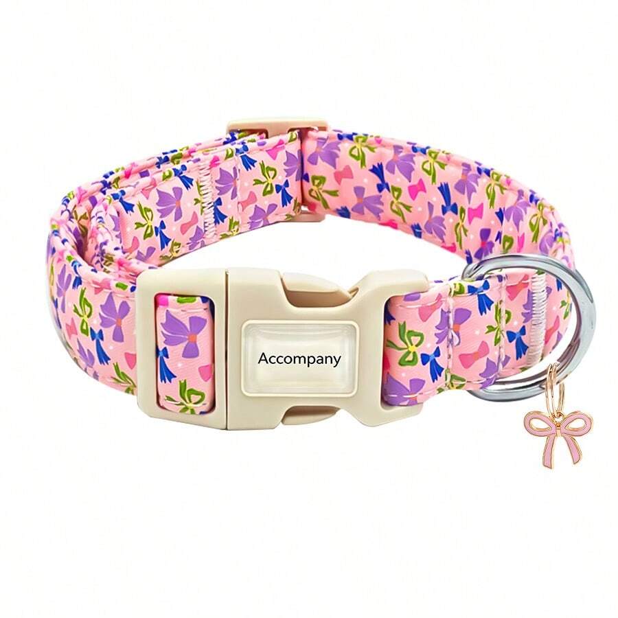 Pink Purple Bowknot Print Dog Collar, Adjustable No-Choke, Universal For All Dog Breeds, With Bowknot Metal Charm, Suitable For Christmas, Valentine's Day, St. Patrick's Day - Pink - View 1