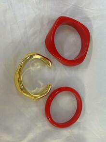 3pcs/1pc Fashion Elegant Vintage Bohemian Vacation Style Geometric Asymmetrical Multi-Element Red Colorful Gradient Resin Stackable Wavy CCB Open Exaggerated Thick Bangles Bracelet Set, Simple Personality Y2K High-End Bangles Suitable For Women, Men, Couples, Best Friends, Summer Beach Vacation, Party, Date, Gift, Daily Matching - Red - View 3
