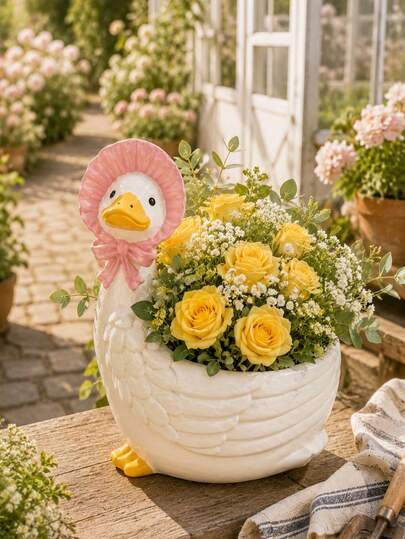 Cute Goose Planter, Suitable For Indoor/Outdoor, Lightweight Painted Garden Planting Pot, Asymmetrical Shape, Suitable For Balcony, Patio, Windowsill Decoration - Country Farmhouse Style Planter Pot, Suitable For Potted Plants, Cacti, Gardening Gifts, Home Decor