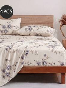 4-Piece Beige Peony Floral Bedding Set, Easy Care Soft Bed Sheet Set, Floral Fitted Sheet Set (1 Flat Sheet + 1 Fitted Sheet + 2 Pillowcases), Deep Pocket Up To 11.8 Inches, Soft And Breathable, Back To School Dorm Bedding Set - Multicolor - View 2