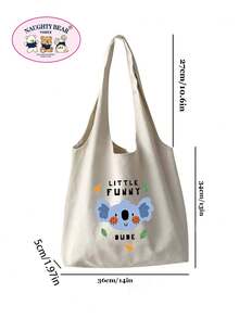 1pc Beige Many Animal Families English Print Women's Canvas Tote Bag Vest Shopping Bag - Beige - View 6