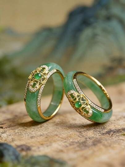 SeuSuk 1pc Women's Elegant Exquisite Palace Style Green Ring, Luxury Jewelry, Perfect For Daily Or Formal Occasions, Wedding/Anniversary Gift