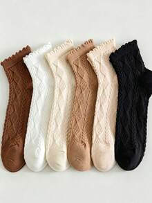 1/6 Pairs Women Solid Color Diamond Pattern Short Socks -Breathable & Comfortable WithLace Trim, Suitable For Spring/Summer, Cute Socks Random - Multicolor - View 3