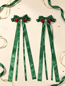 2pcs Girls Sweet Elegant Bow Ribbon Hair Clips, Cherry Decor Extra Long Bow Ponytail Hair Clips Suitable For Outings, Matching Clothes, School, Holiday Use - Green - View 7