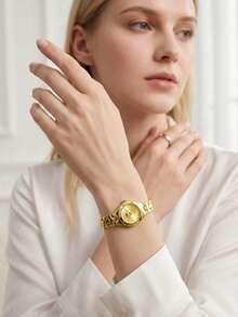 jw 1pc Rose Gold Fashionable & Elegant Women's Watch, Round Alloy Case, Rhinestone Decorated Dial, Quartz Movement, Convenient To Wear, Suitable For Daily Decoration, Holiday Wear, And Student Back-To-School Gift - Rose Gold - View 16
