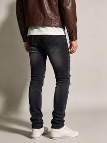 Men's Vintage Black-Grey Gradient Washed Slim Fit Stretch Denim Jeans, Multi-Layer Horizontal Distressed Ripped With White Frayed Details, Classic 5-Pocket Casual Denim Jeans - Black - View 5